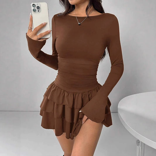 Autumn Winter Solid Color Slim Fit Cascading Ruffles Mini Dress Women Elegant Flare Sleeve High Waist Sexy Party Bodycon Dresses